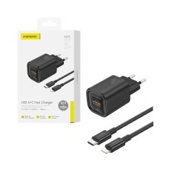 Foneng Charger EU70 2 Ports USB+Tipo-C PD 20W with Type-C to Lightning Cable Black